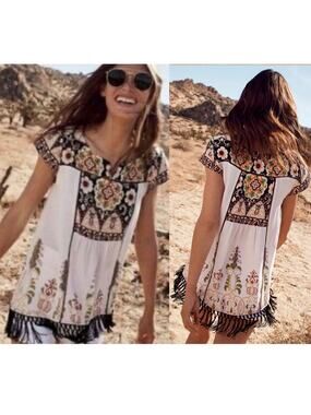 Vanessa Virginia Anthropologie Womens Augustina Fringe Boho Tunis Blouse Size XS